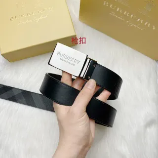 Burberry Gun Buckle Black Silver Rectangular Smooth Leather Belt