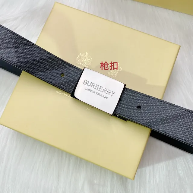 Burberry Gun Buckle Black Silver Rectangular Smooth Leather Belt 4