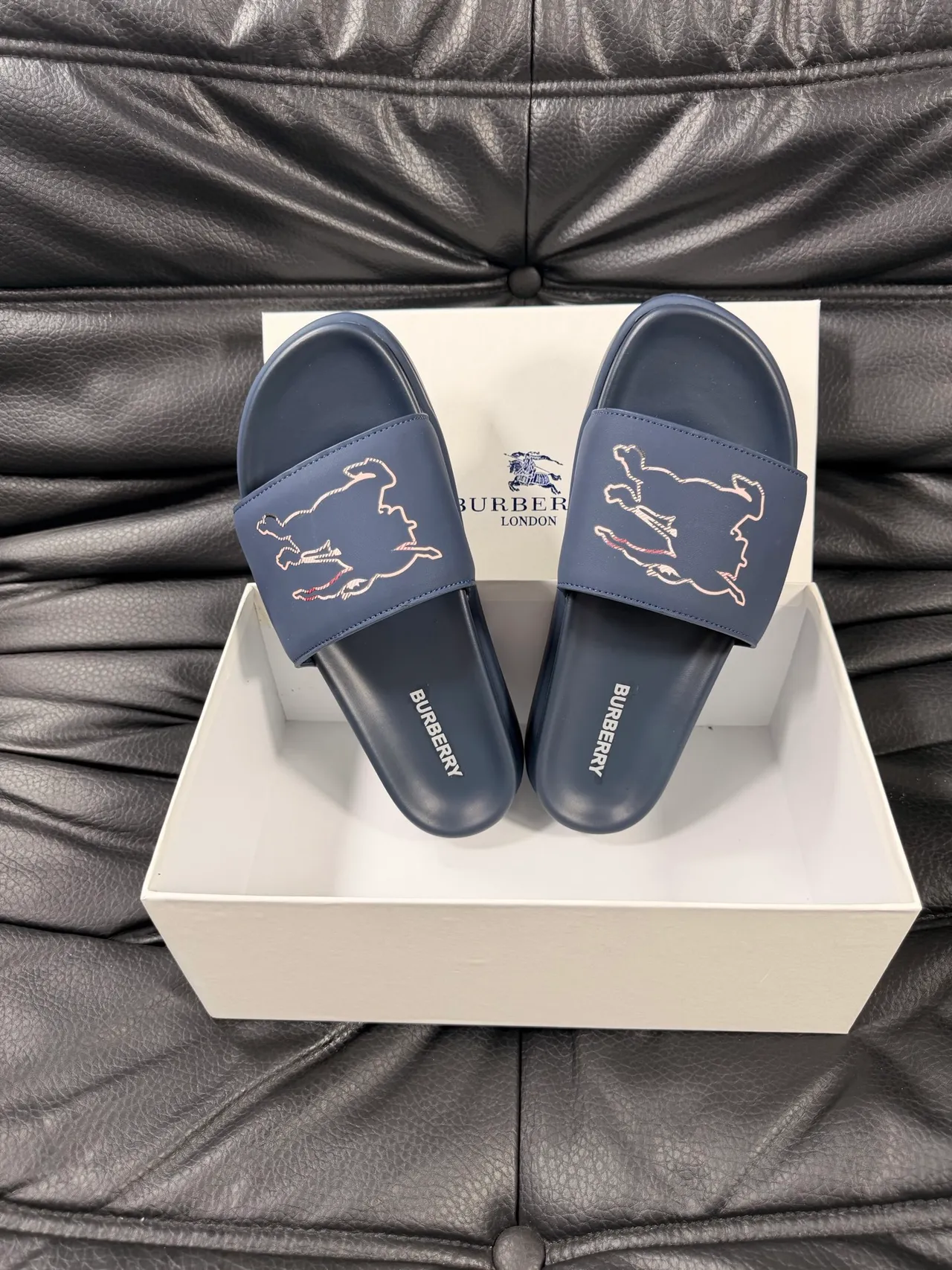 Burberry Slide Navy Gold Rubberized Embroidered Bear Motif Slippers 4