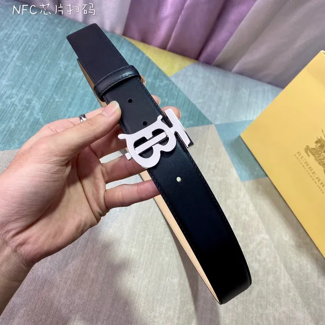 Burberry TB Belt Black Beige Monogram Buckle Smooth Leather Belt 2