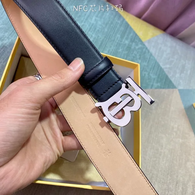 Burberry TB Belt Black Beige Monogram Buckle Smooth Leather Belt 6