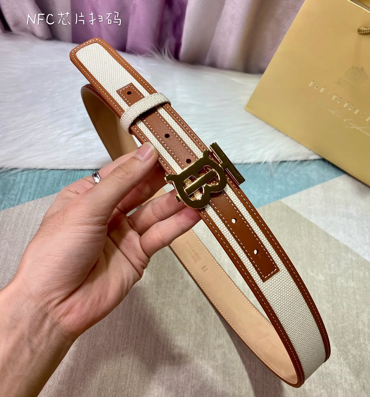 Burberry TB Monogram beige marron ceinture en toile avec bordures en cuir 4