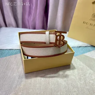 Burberry TB Monogram Beige Brown Strap Leather Trim Canvas Belt