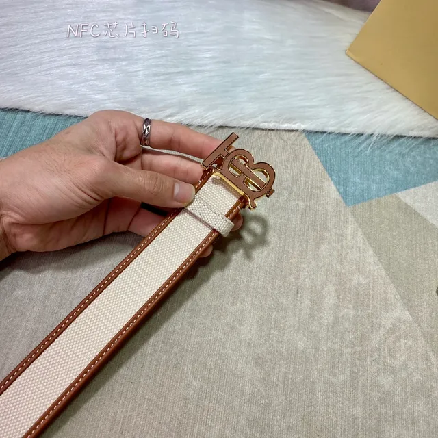 Burberry TB Monogram Sangle Beige Marron Cuir Bordure Canvas Belt 3
