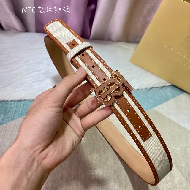 Burberry TB Monogram Sangle Beige Marron Cuir Bordure Canvas Belt 4