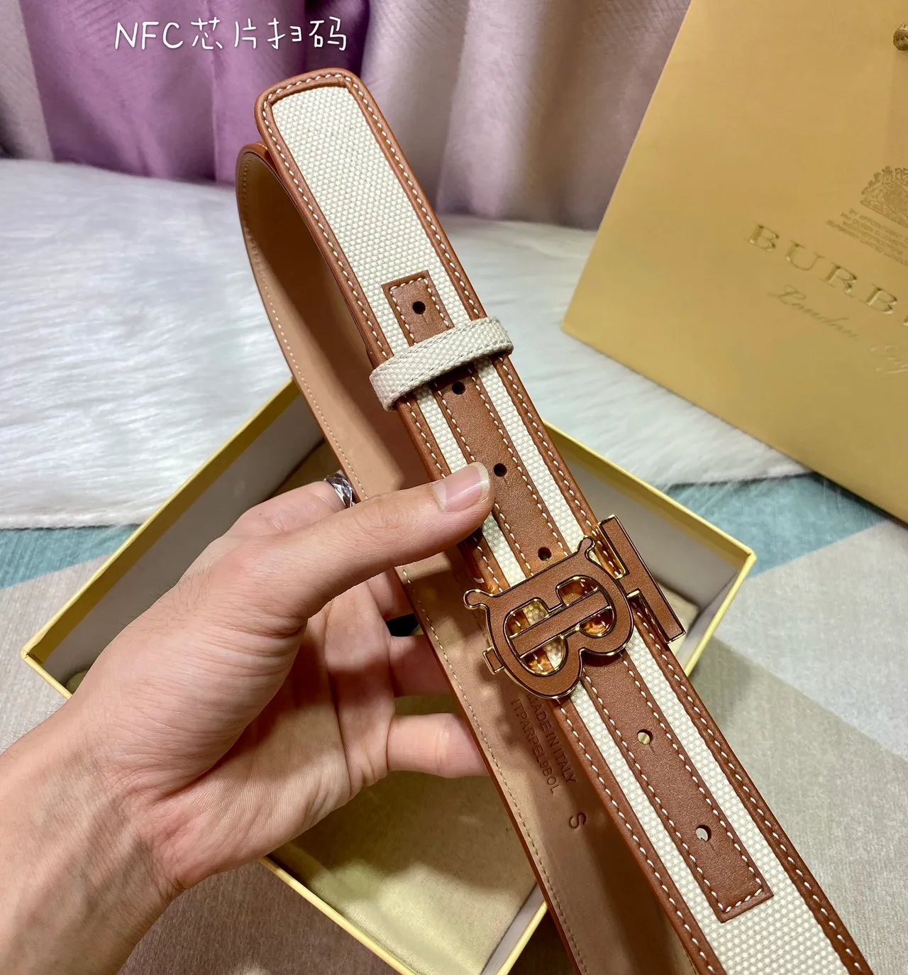 Burberry TB Monogram Sangle Beige Marron Cuir Bordure Canvas Belt 5