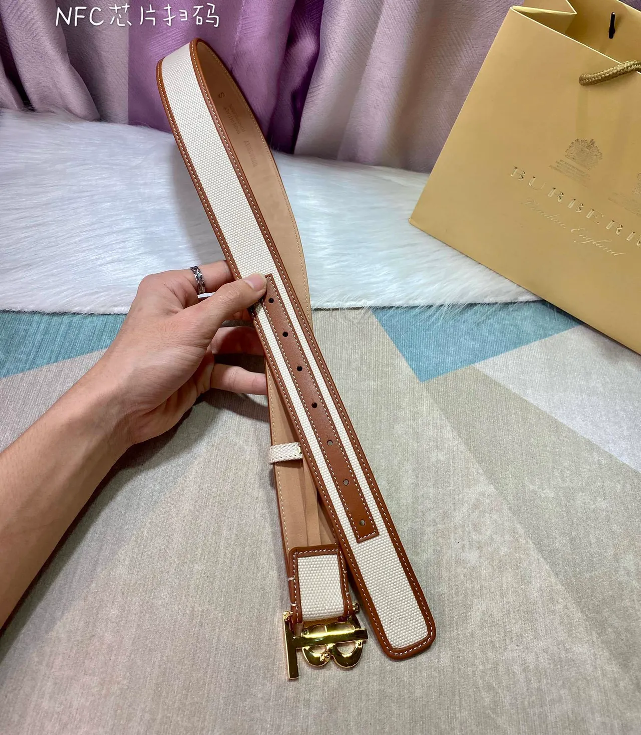 Burberry TB Monogram Sangle Beige Marron Cuir Bordure Canvas Belt 6