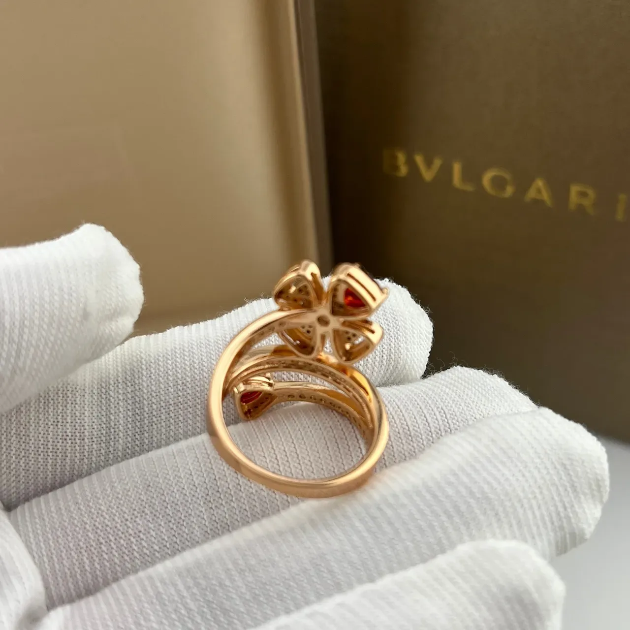 Bvlgari Gold Red Open Double-Band Floral Motif Ring 3