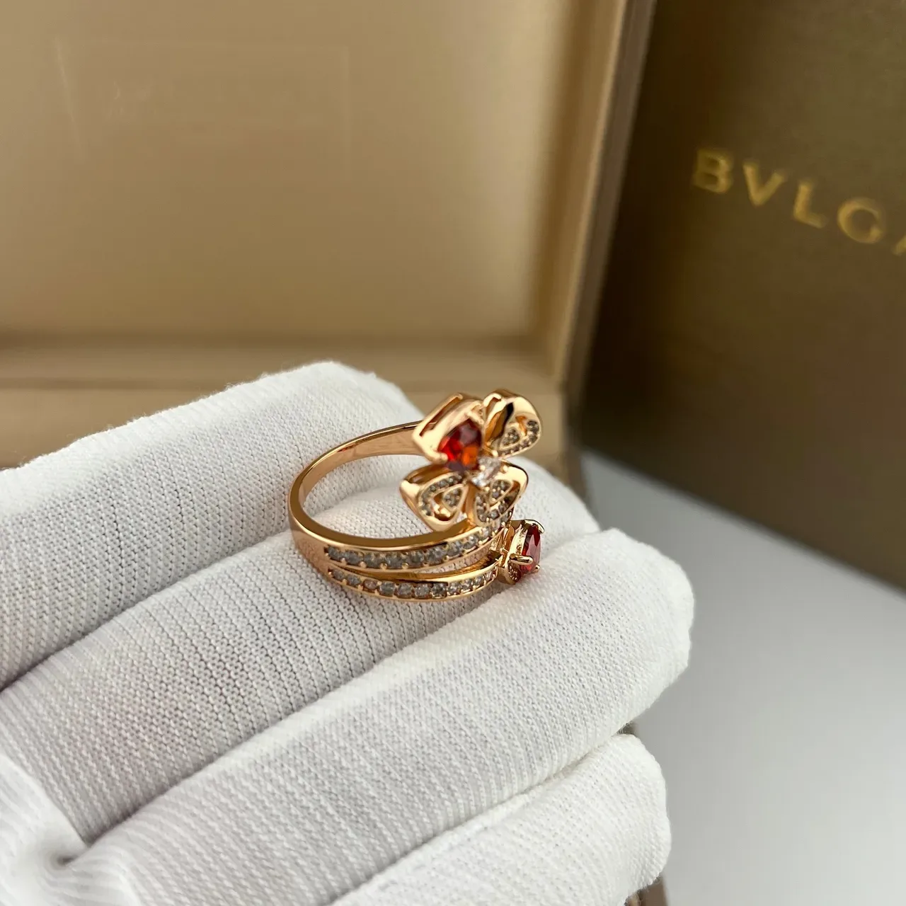 Bvlgari Gold Red Open Double-Band Floral Motif Ring 5