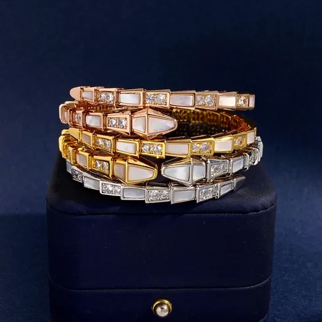 Bvlgari Gold White Coiled Serpent Segmented Tubogas-Style Bracelet 4