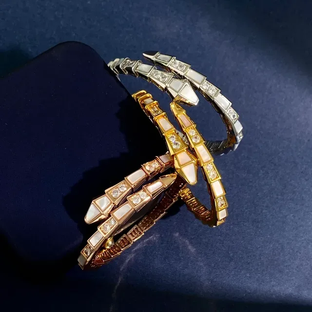Bvlgari Gold White Coiled Serpent Segmented Tubogas-Style Bracelet 7