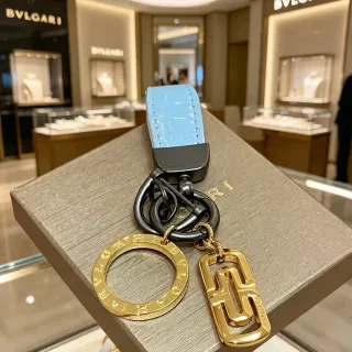 Bvlgari Logo Charm Keychain Blue Gold Light Croc-Embossed Leather Engraved Charms Jewelry