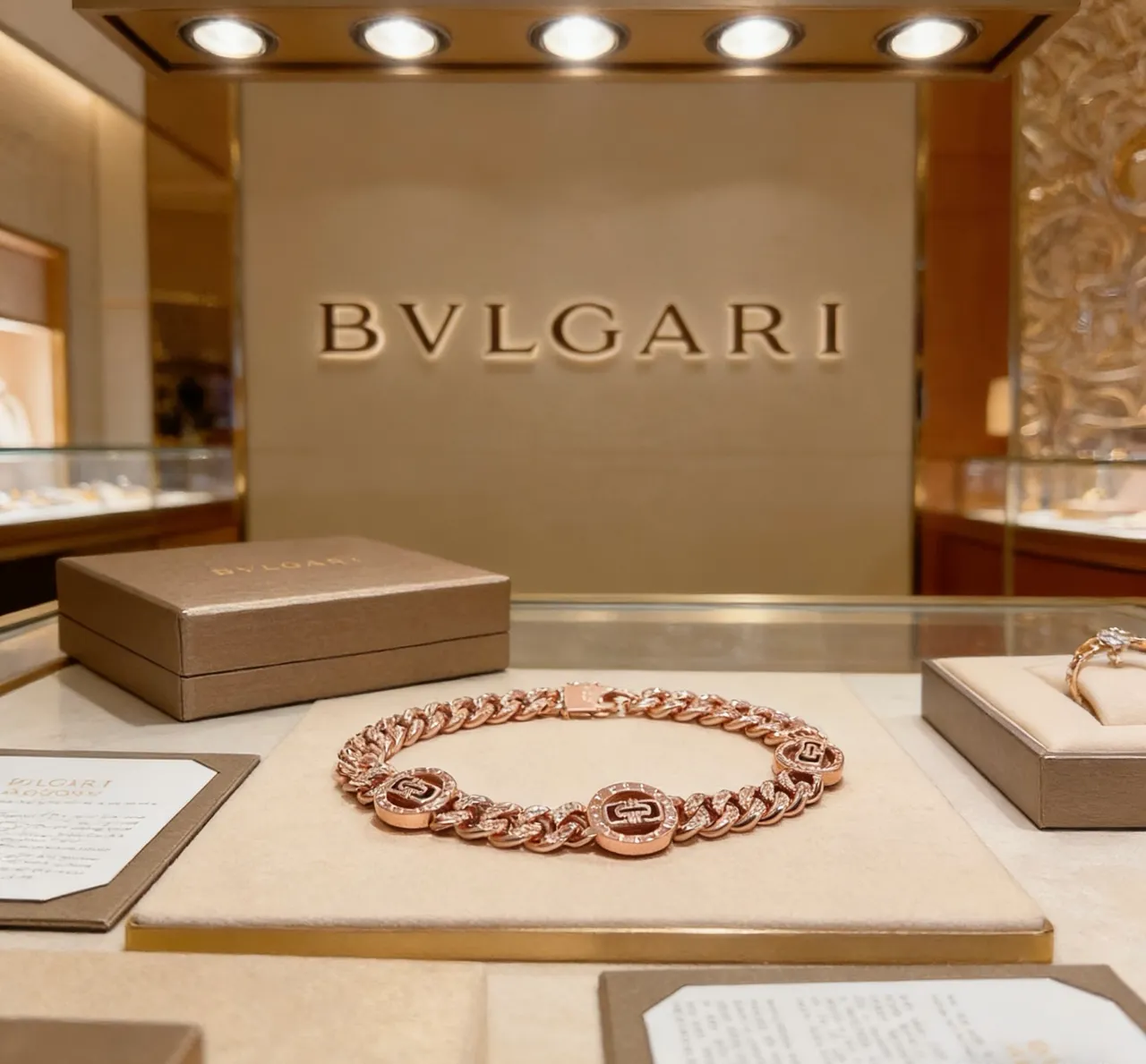 Bvlgari Medalhão Logo Ouro Rosa Pulseira Curb-Link 7