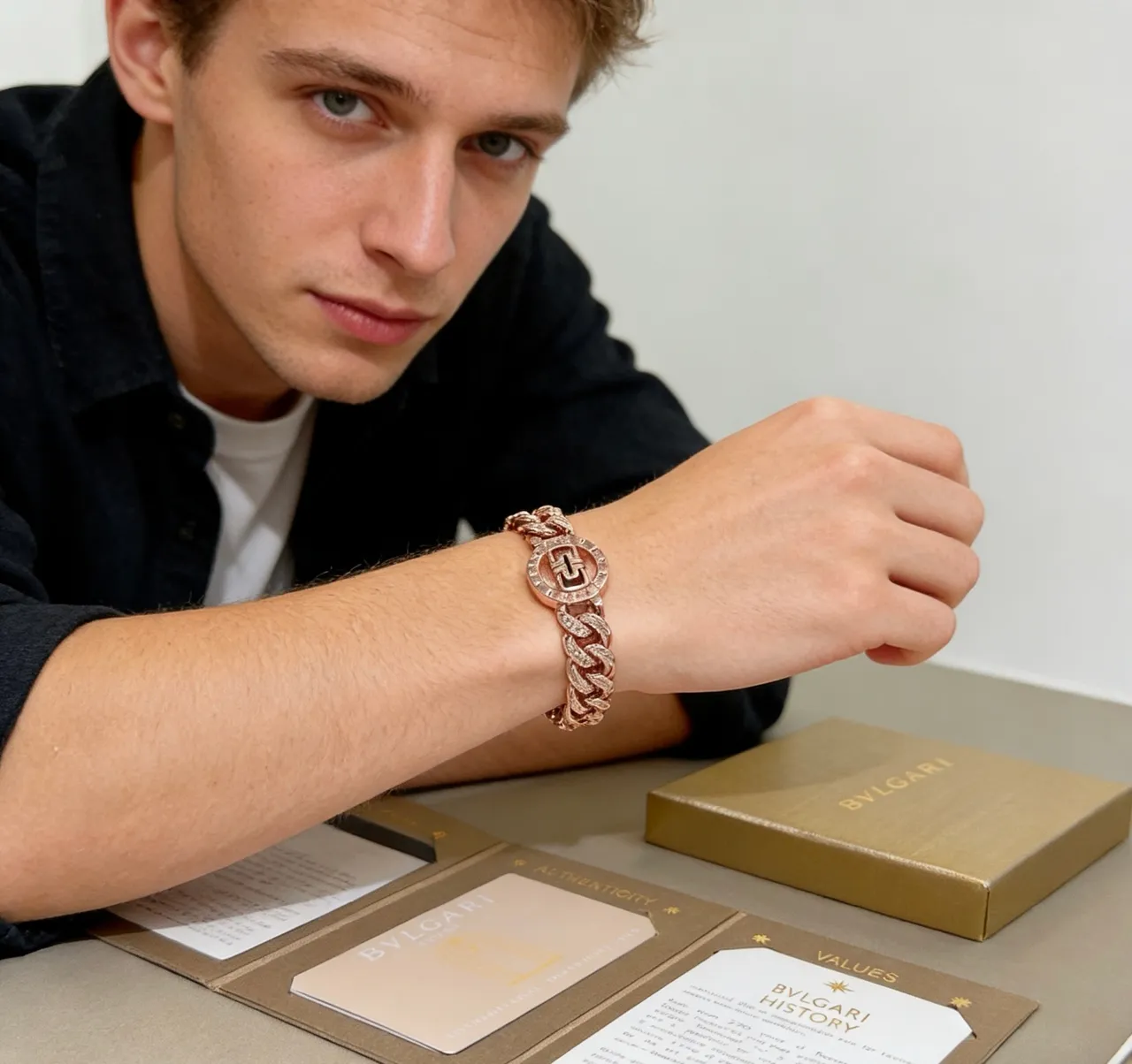 Bvlgari Medalhão Logo Ouro Rosa Pulseira Curb-Link 8
