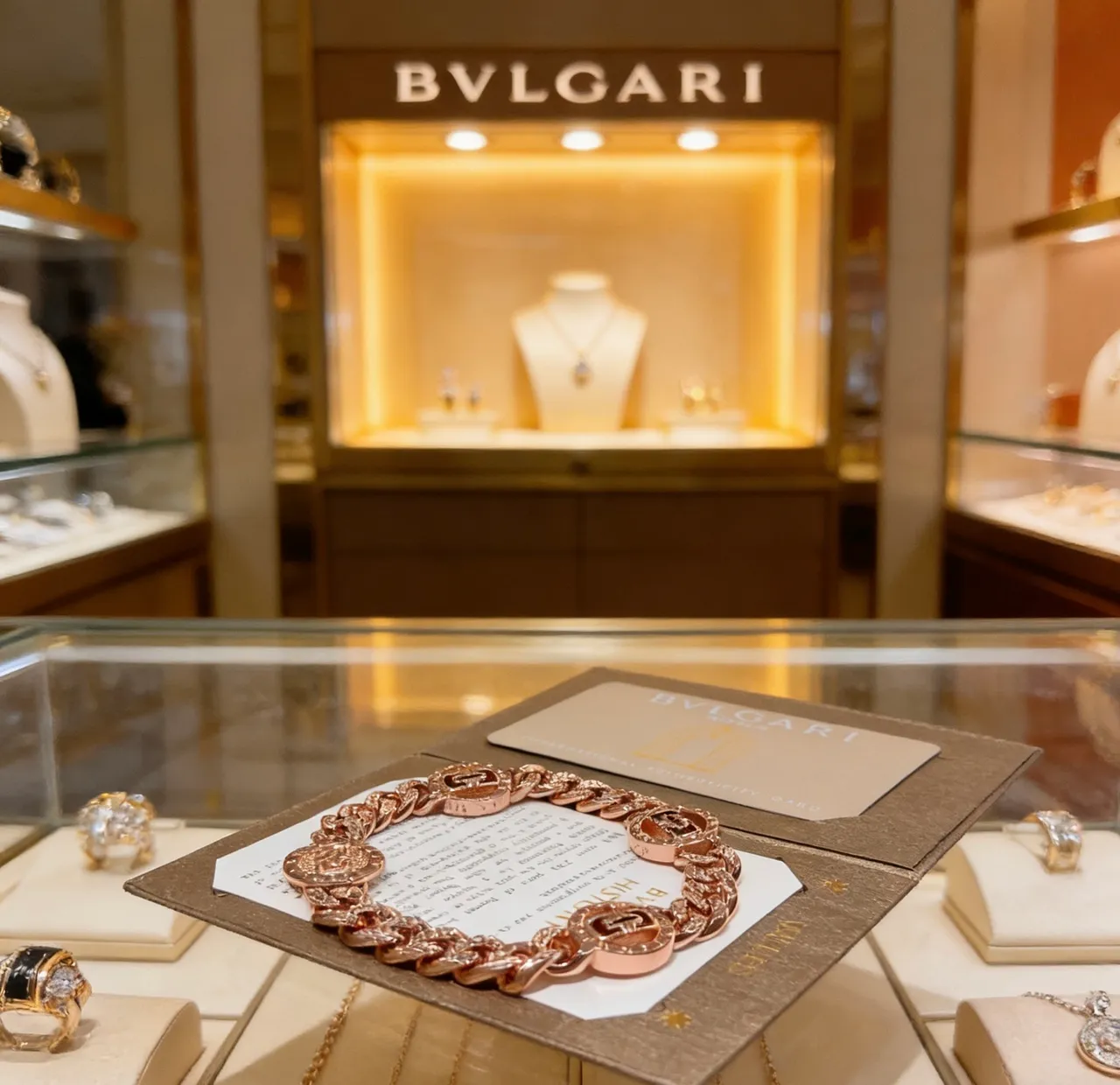 Bvlgari Medalhão Logo Ouro Rosa Pulseira Curb-Link 9