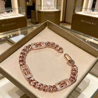 Bvlgari Pink Silver Chunky Curb Chain Pavé-Set Stones Bracelet