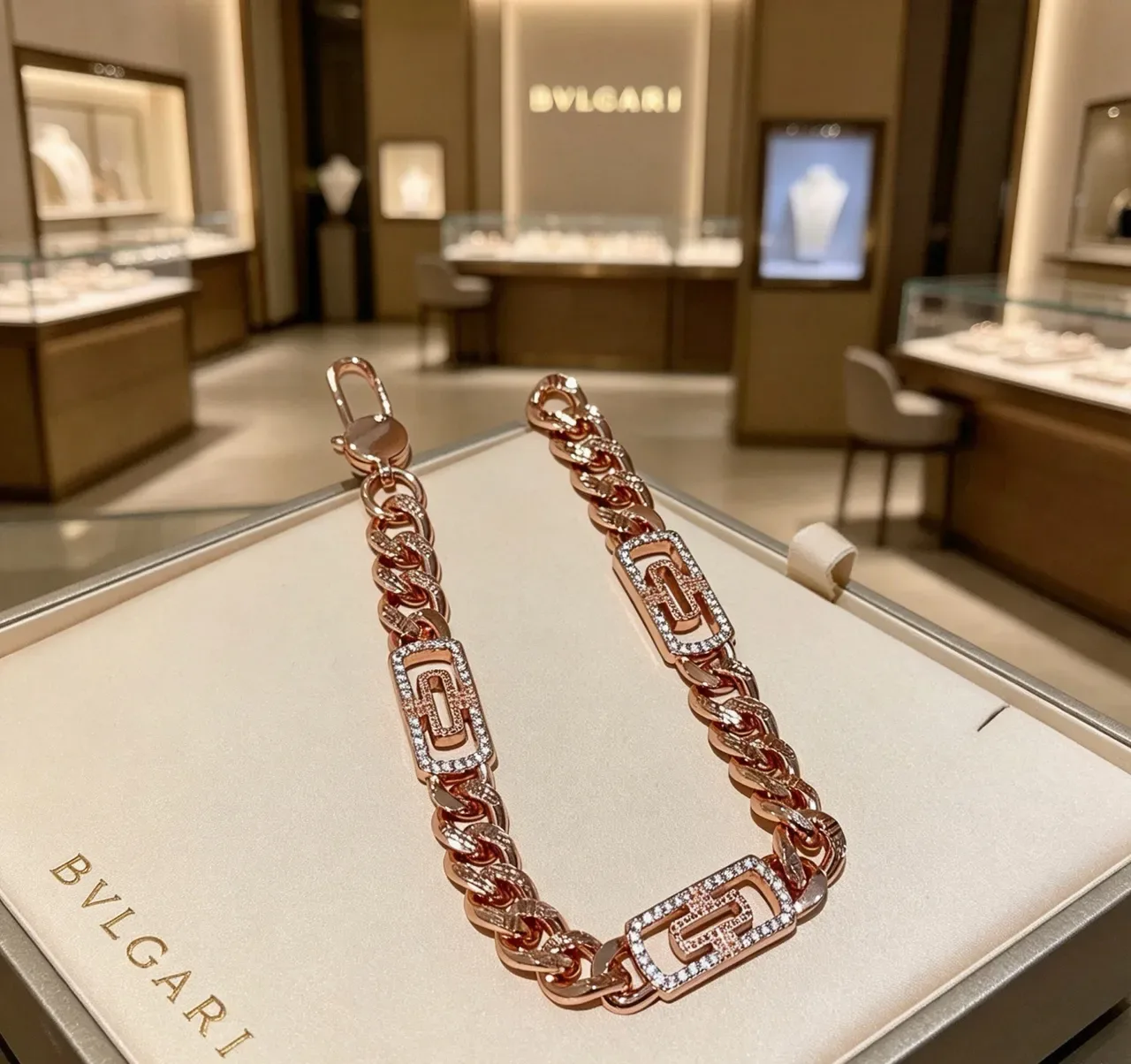 Bvlgari गुलाबी चांदी मोटी कर्ब चेन पवे़ सेट स्टोन्स कंगन 5