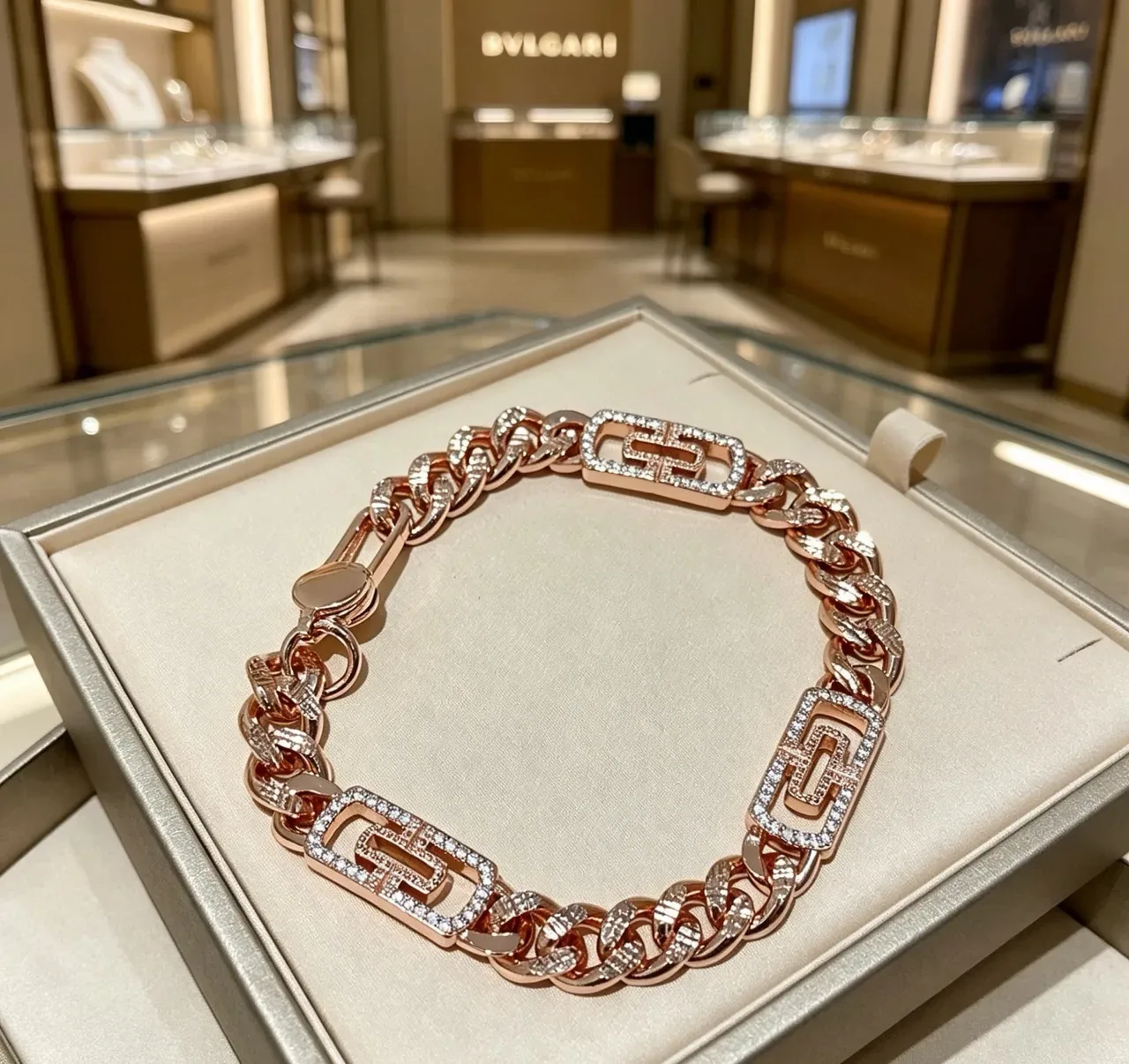 Bvlgari गुलाबी चांदी मोटी कर्ब चेन पवे़ सेट स्टोन्स कंगन 9