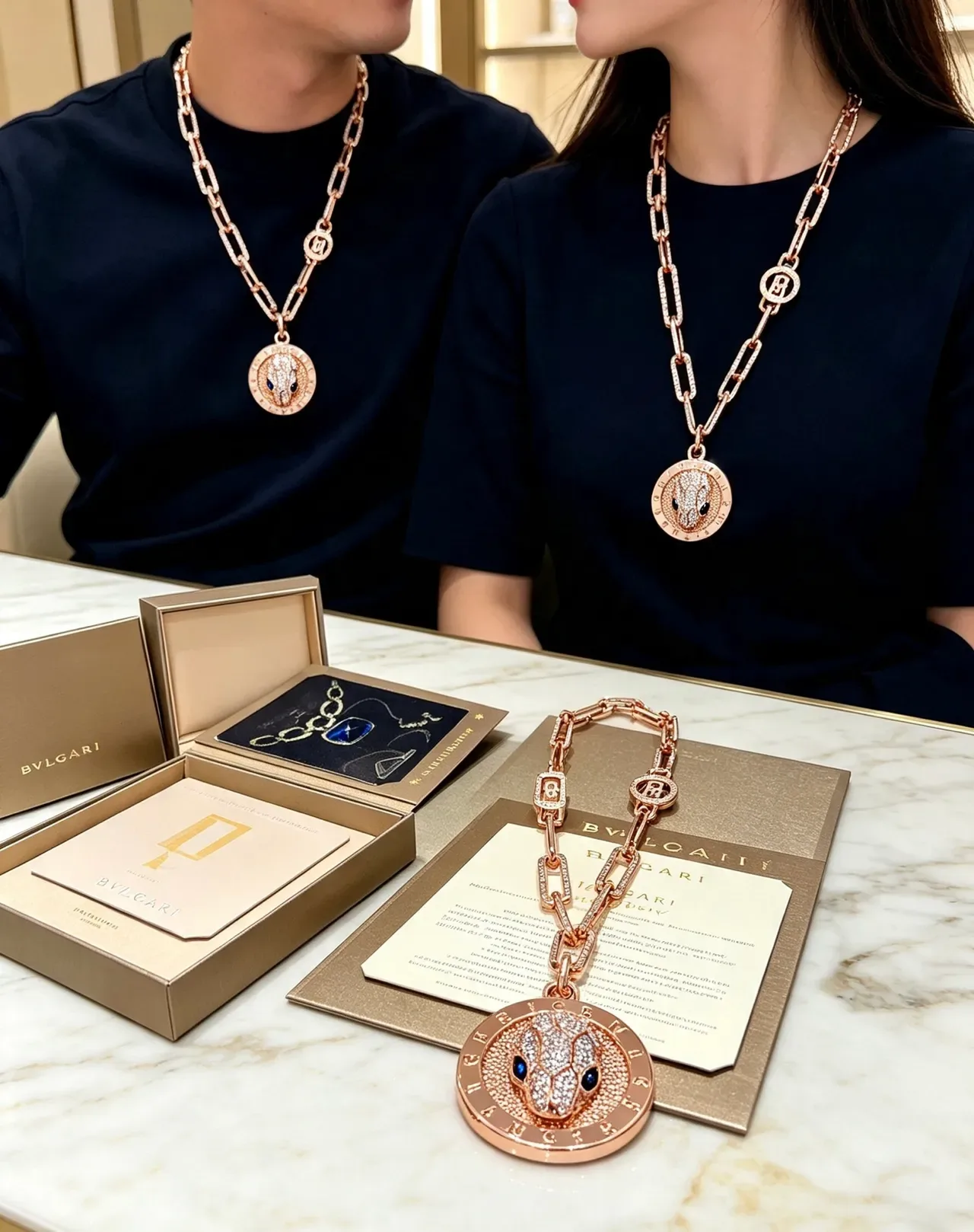 Bvlgari Serpenti Collar de Cabeza de Serpiente de Oro Rosa con Diamantes Incrustados 3