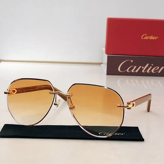 Cartier Brown White Rimless Acetate Temples Sunglasses 6