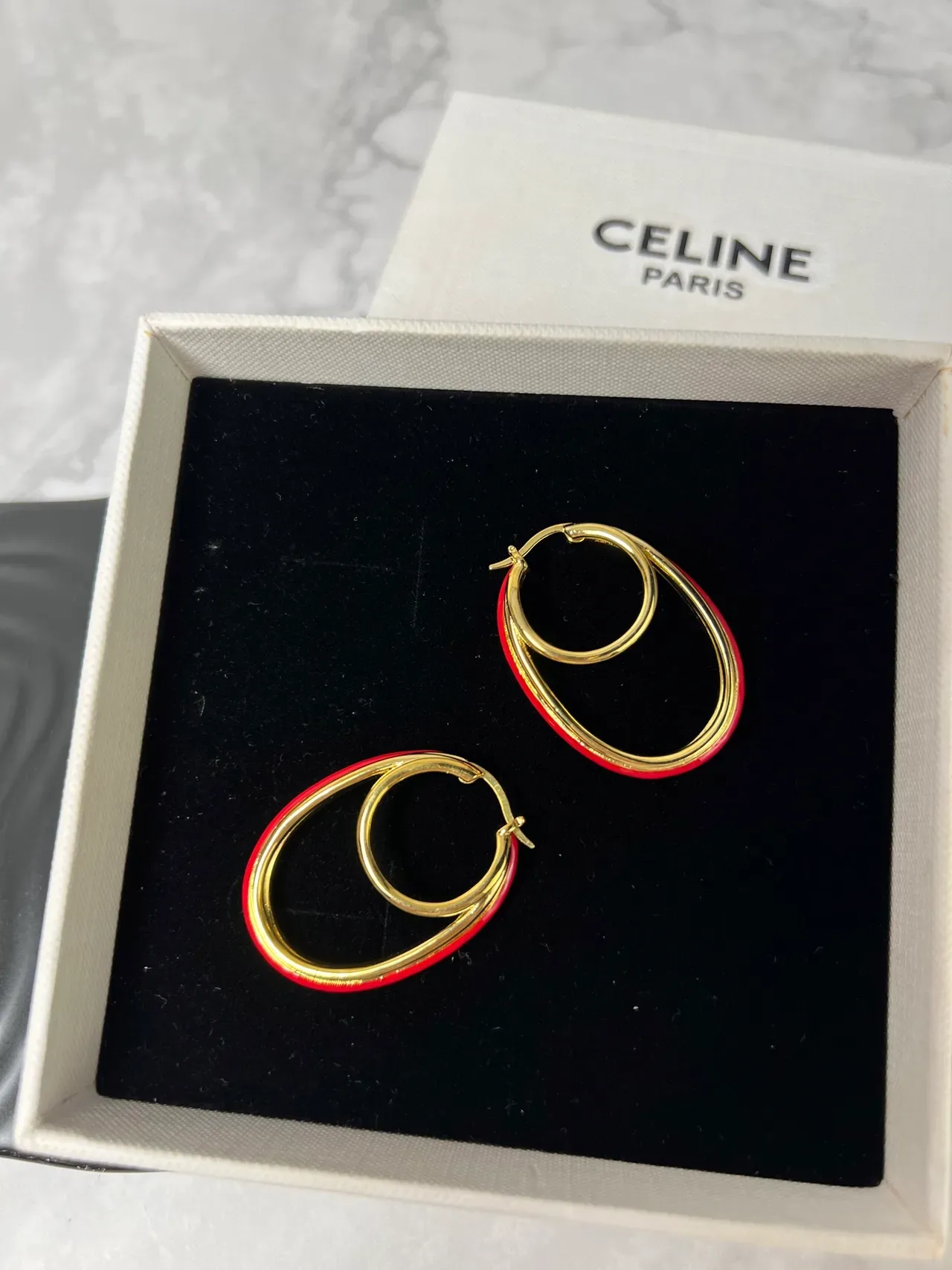 Celine লাল সোনার ডাবল-হুপ ওভাল ইয়ারিংস 3
