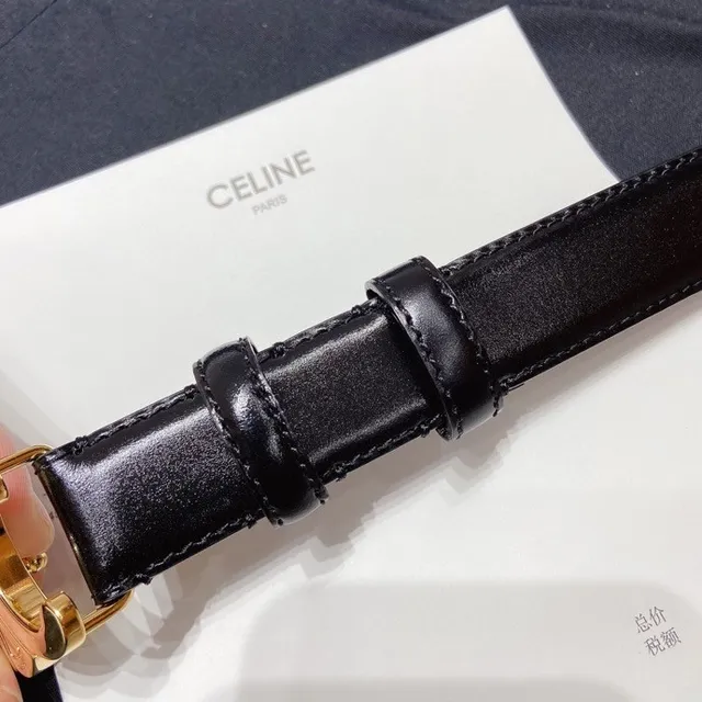 Celine Triomphe Ceinture en cuir noir doré brillant avec boucle 2