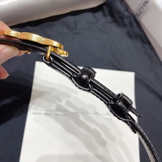 Celine Triomphe Ceinture en cuir noir doré brillant avec boucle 3