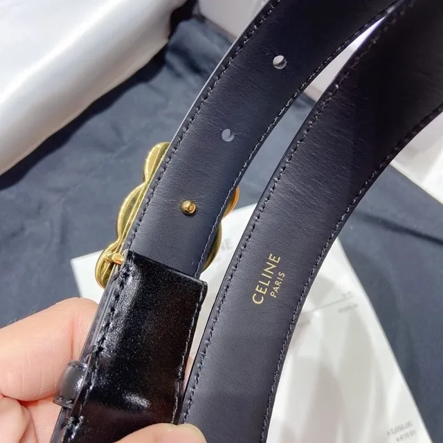 Celine Triomphe Ceinture en cuir noir doré brillant avec boucle 6