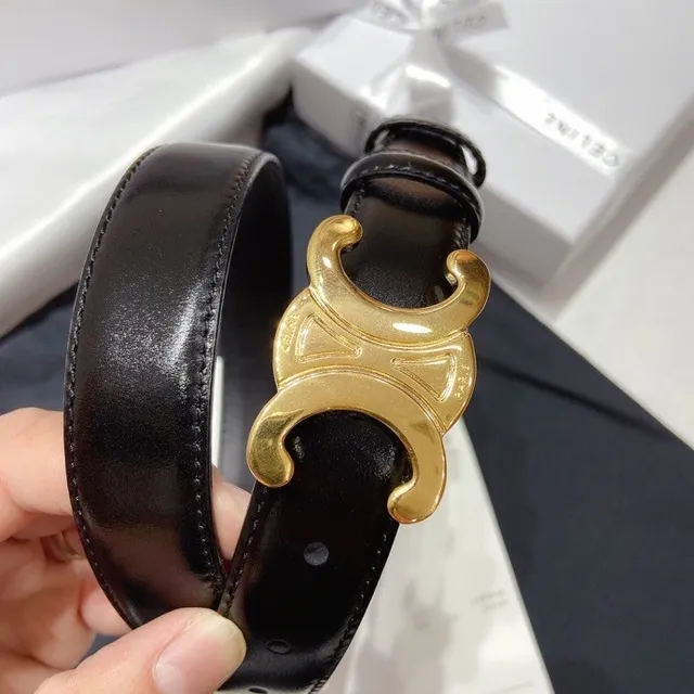 Celine Triomphe Ceinture en cuir noir doré brillant avec boucle 8