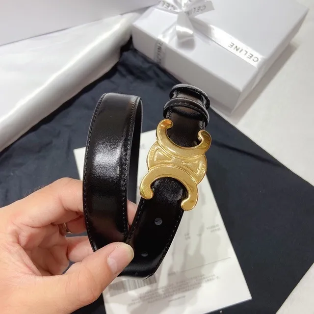 Celine Triomphe Ceinture en cuir noir doré brillant avec boucle 9