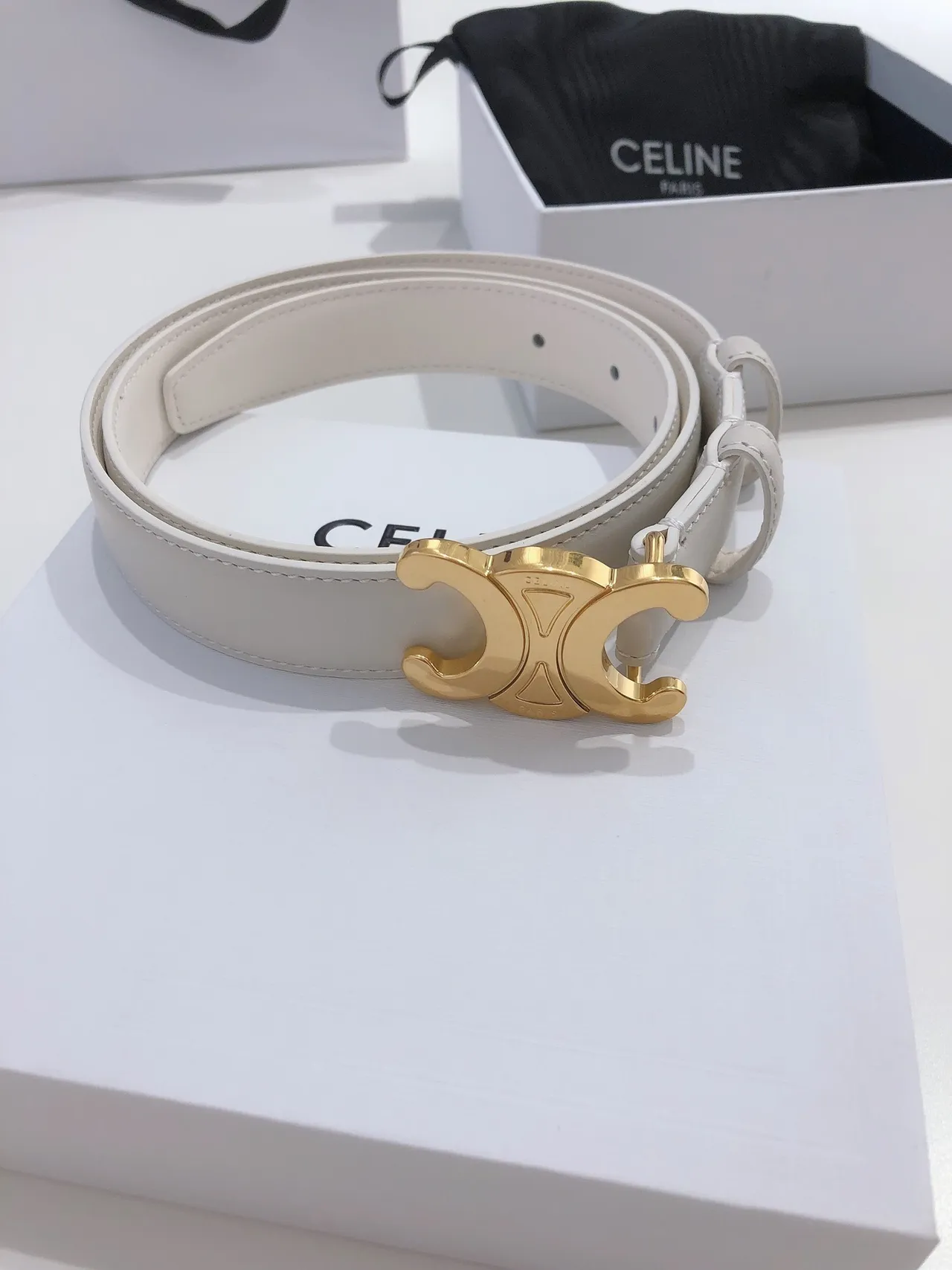 Celine Triomphe White Gold Smooth Buckle Leather Belt 6