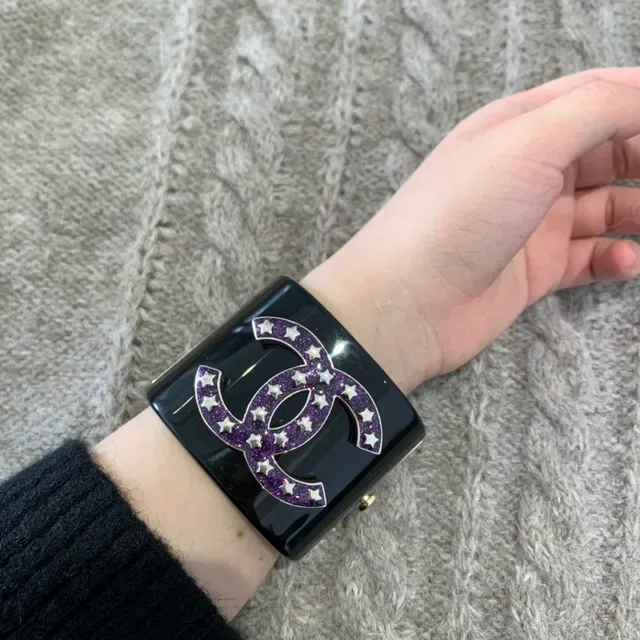 Chanel Black Purple Rigid Resin Cuff Glitter CC Logo Bracelet 2