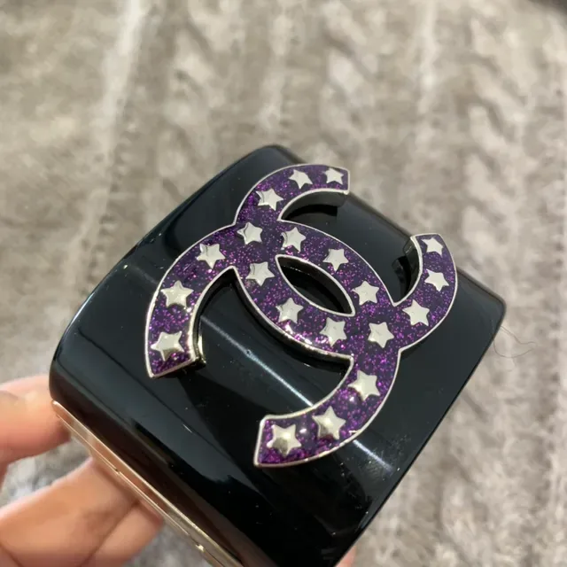 Chanel Black Purple Rigid Resin Cuff Glitter CC Logo Bracelet 3
