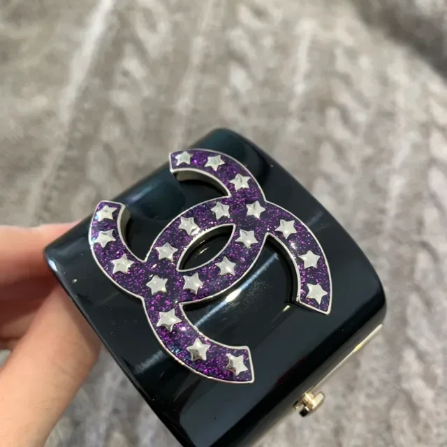 Chanel Black Purple Rigid Resin Cuff Glitter CC Logo Bracelet 5