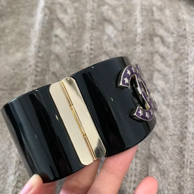 Chanel Black Purple Rigid Resin Cuff Glitter CC Logo Bracelet 7