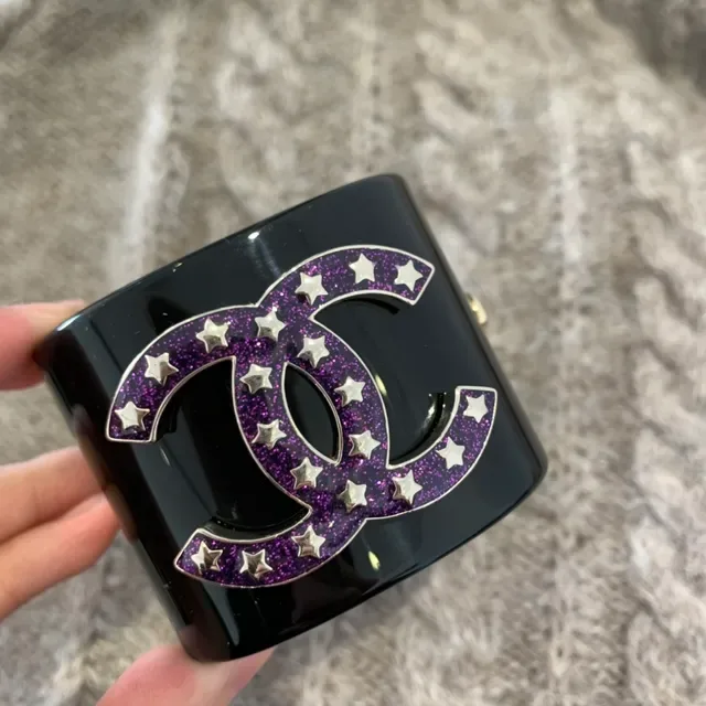 Chanel Black Purple Rigid Resin Cuff Glitter CC Logo Bracelet 9