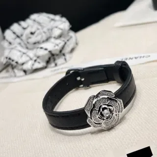 香奈儿 茶花 水晶镶嵌 黑色皮革 手链 2