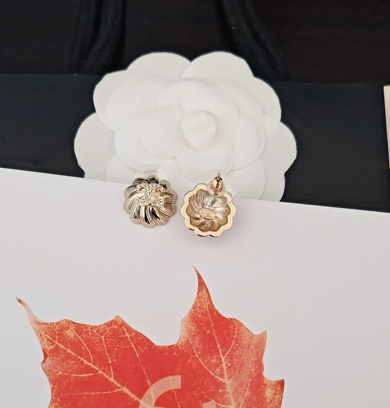 Chanel Camellia Crystal Gold-Tone Stud Earrings 3