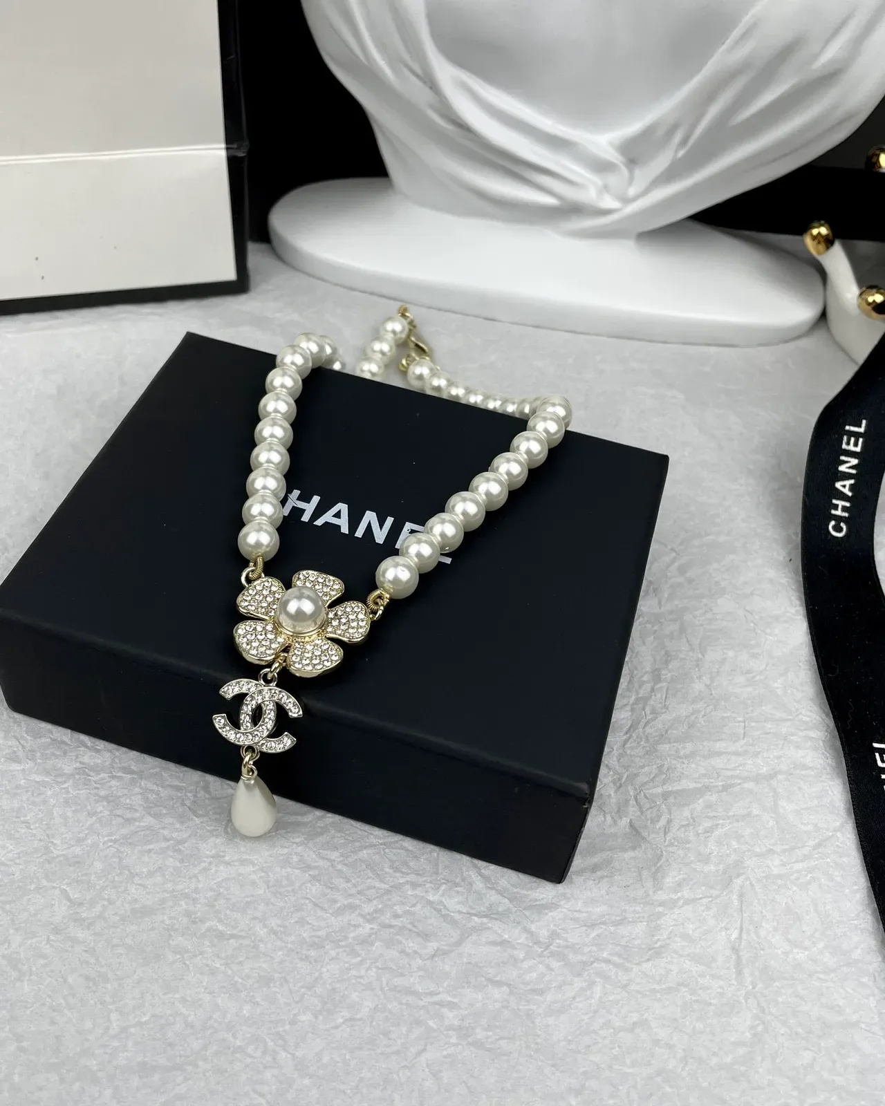 Chanel Camellia Pearl Necklace White Gold Strand Pendant Necklace 2