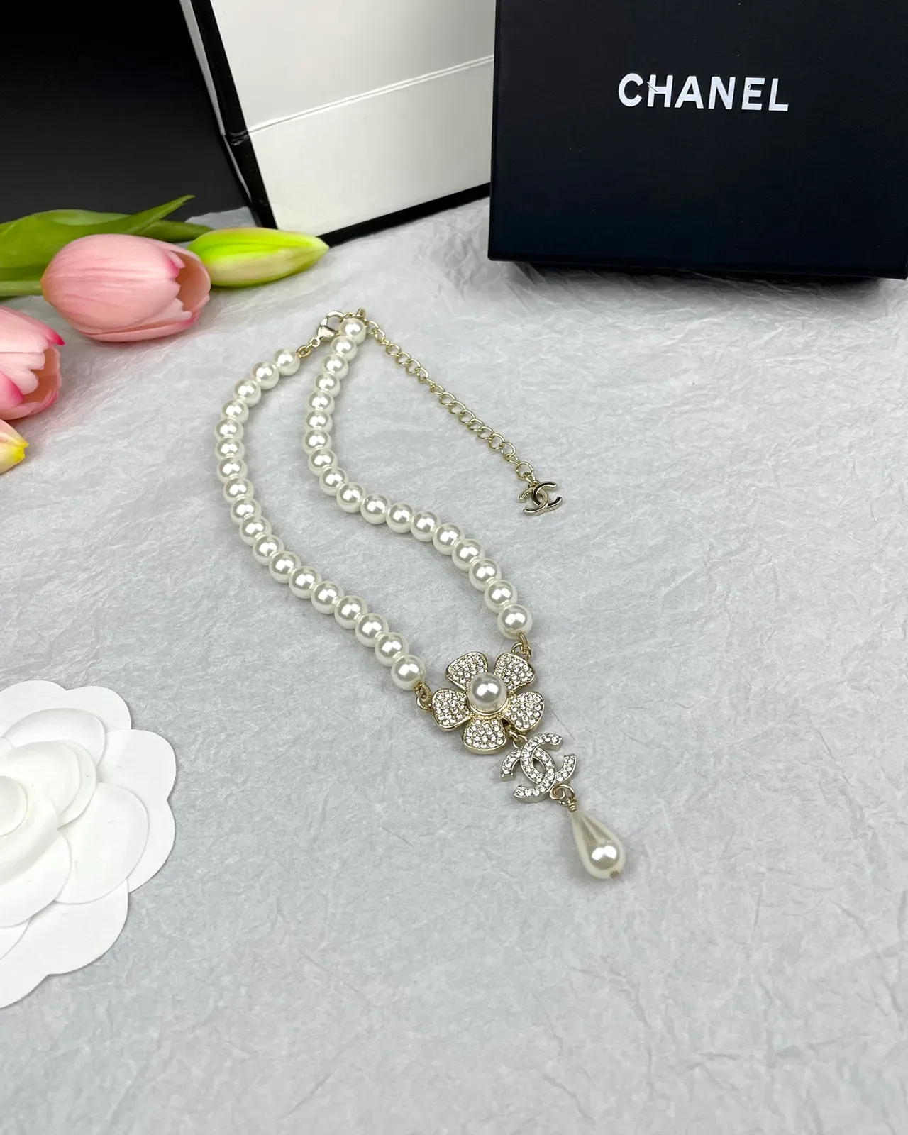 Chanel Camellia Pearl Necklace White Gold Strand Pendant Necklace 3