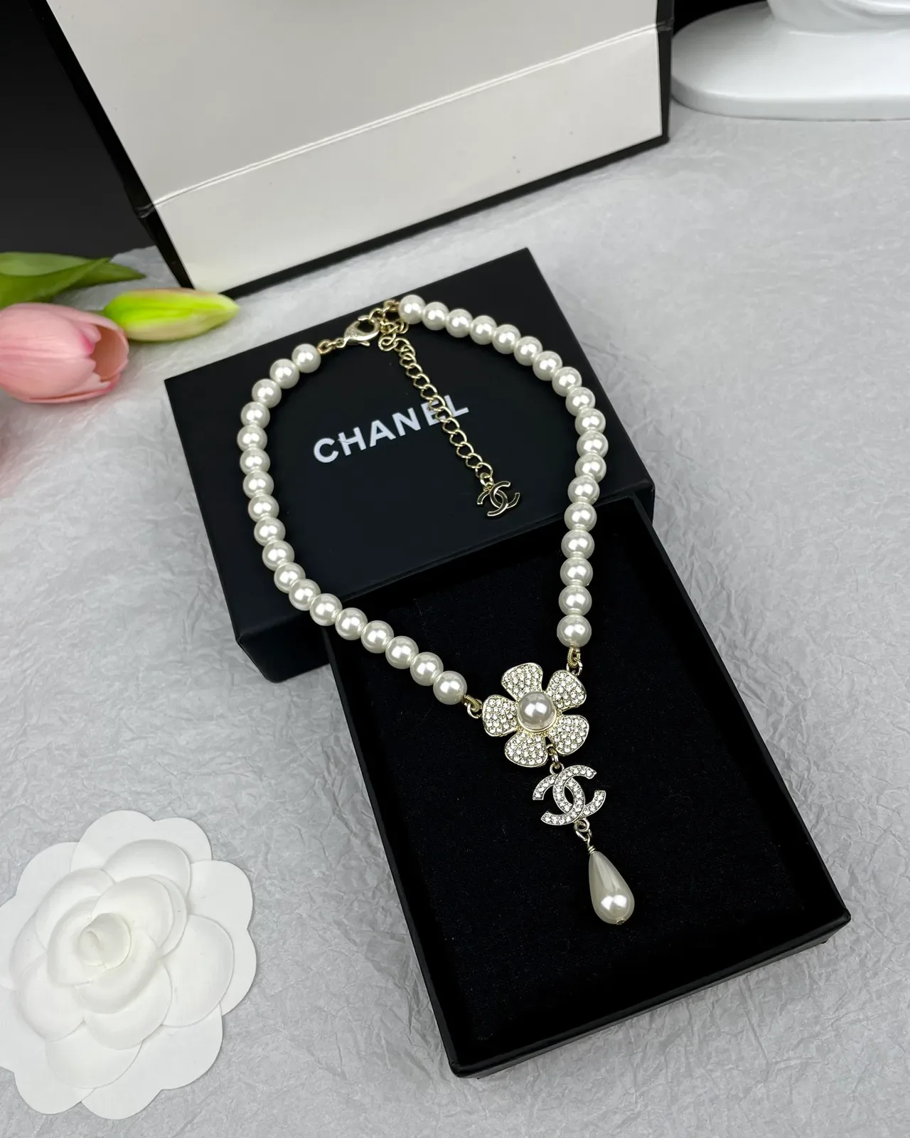 Chanel Camellia Pearl Necklace White Gold Strand Pendant Necklace 4