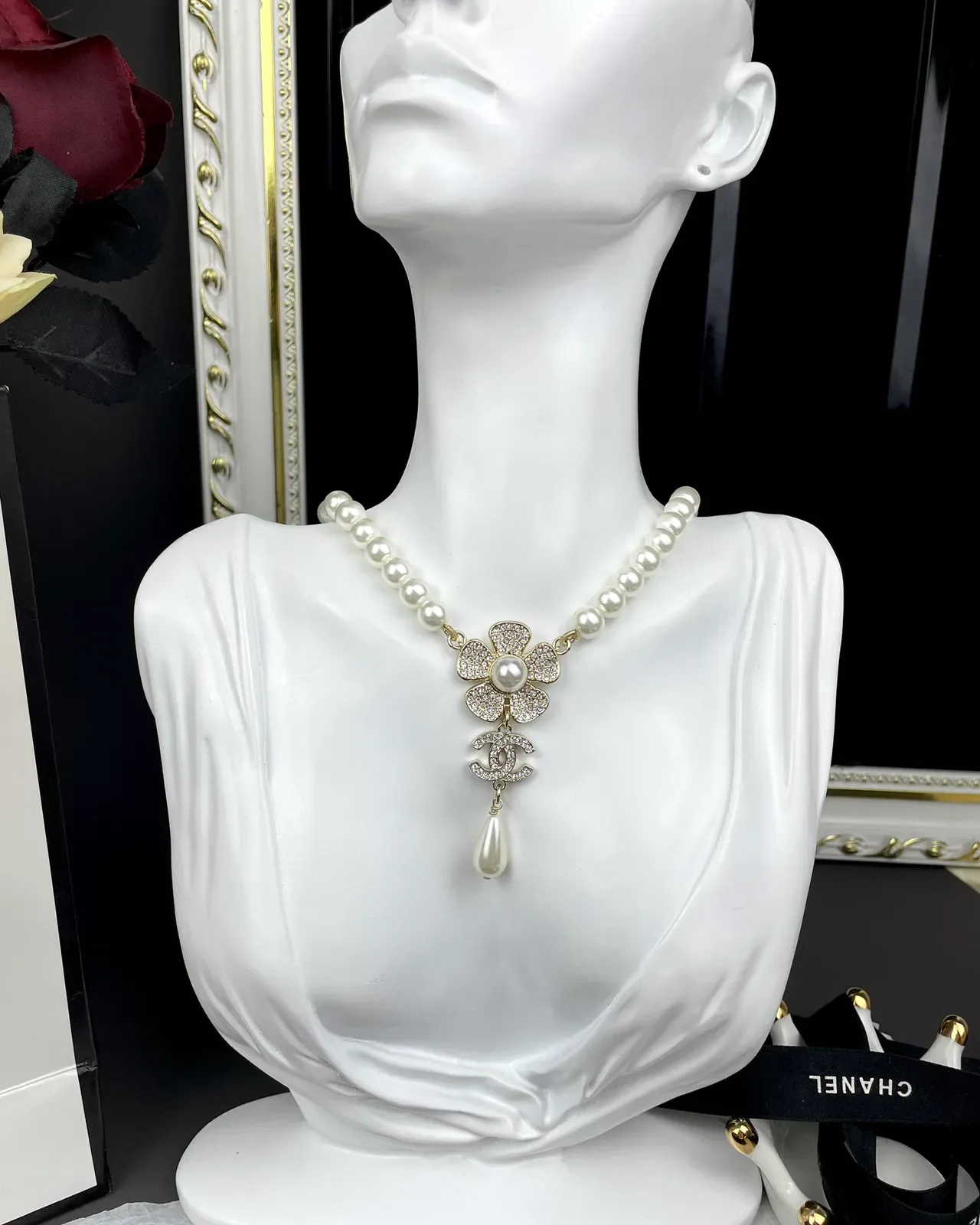 Chanel Camellia Pearl Necklace White Gold Strand Pendant Necklace 5
