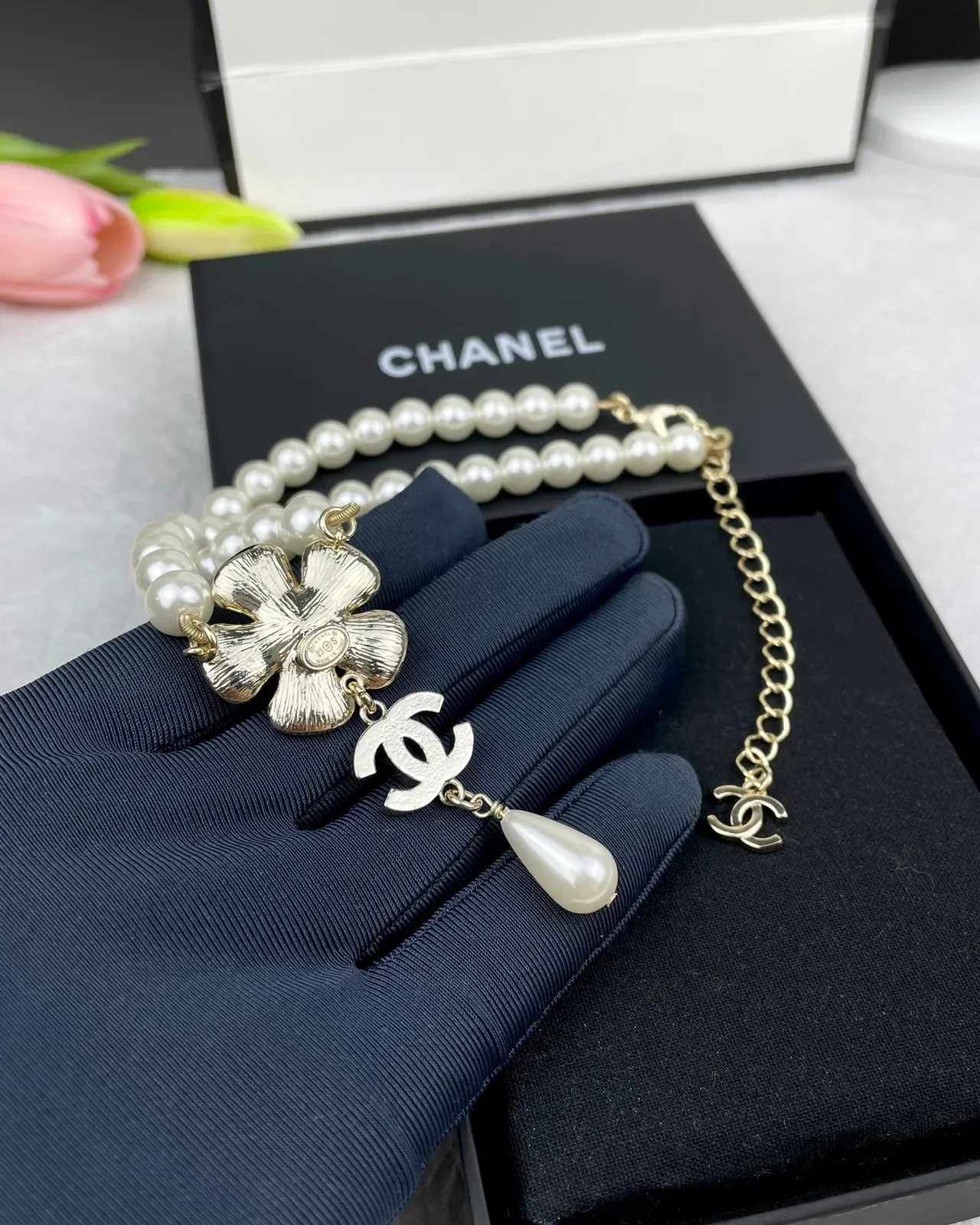Chanel Camellia Pearl Necklace White Gold Strand Pendant Necklace 6