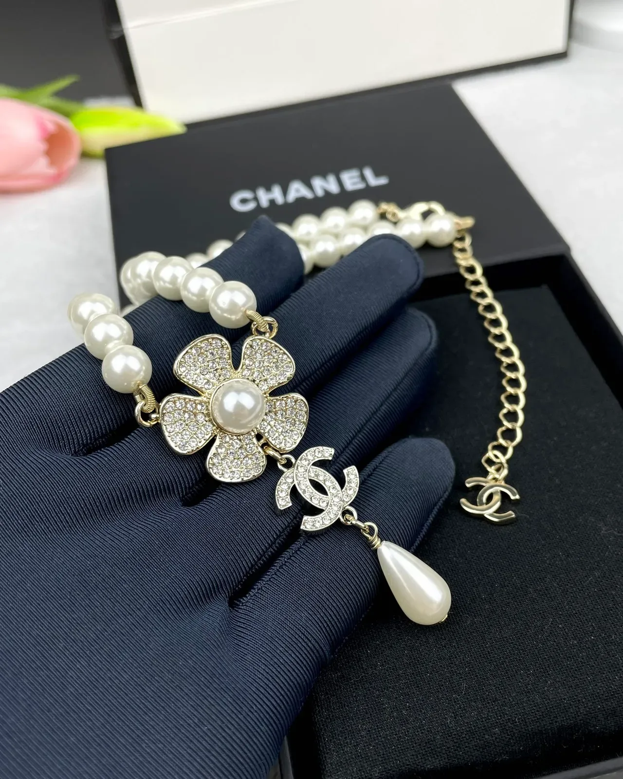 Chanel Camellia Pearl Necklace White Gold Strand Pendant Necklace 7