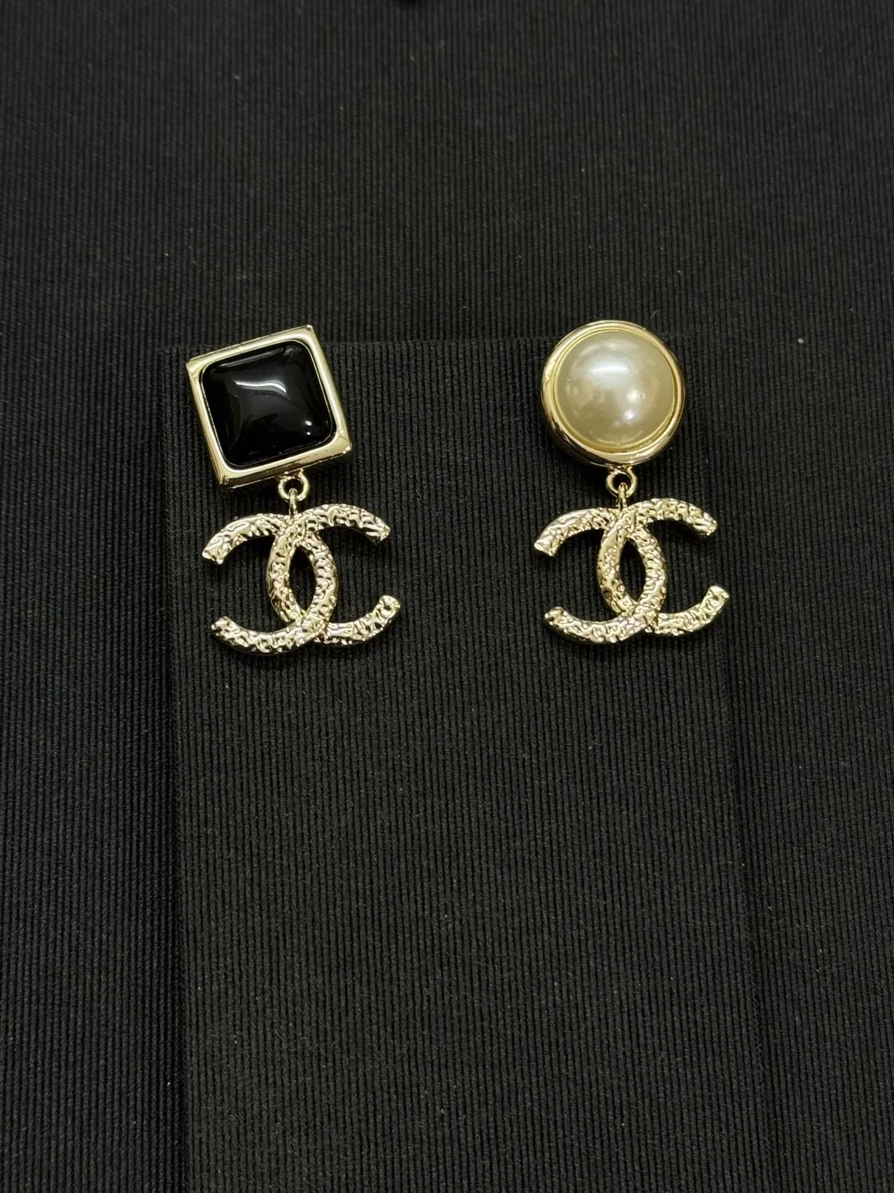 Chanel CC Drop Black Gold Asymmetrical Textured Logo Earrings 3