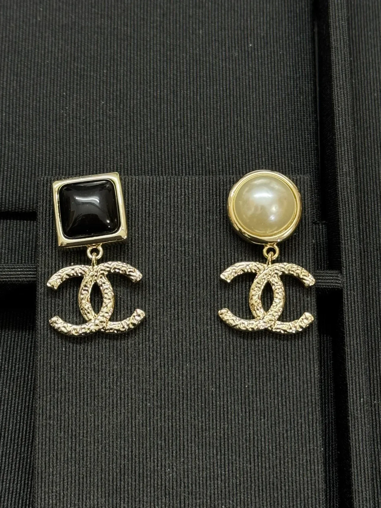 Chanel CC Drop Black Gold Asymmetrical Textured Logo Earrings 5