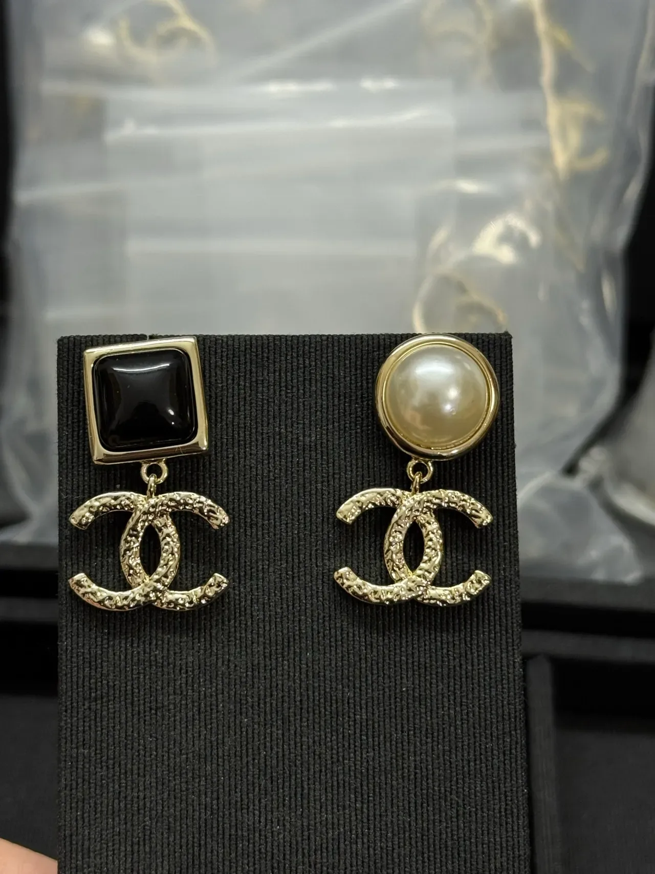 Chanel CC Drop Black Gold Asymmetrical Textured Logo Earrings 6