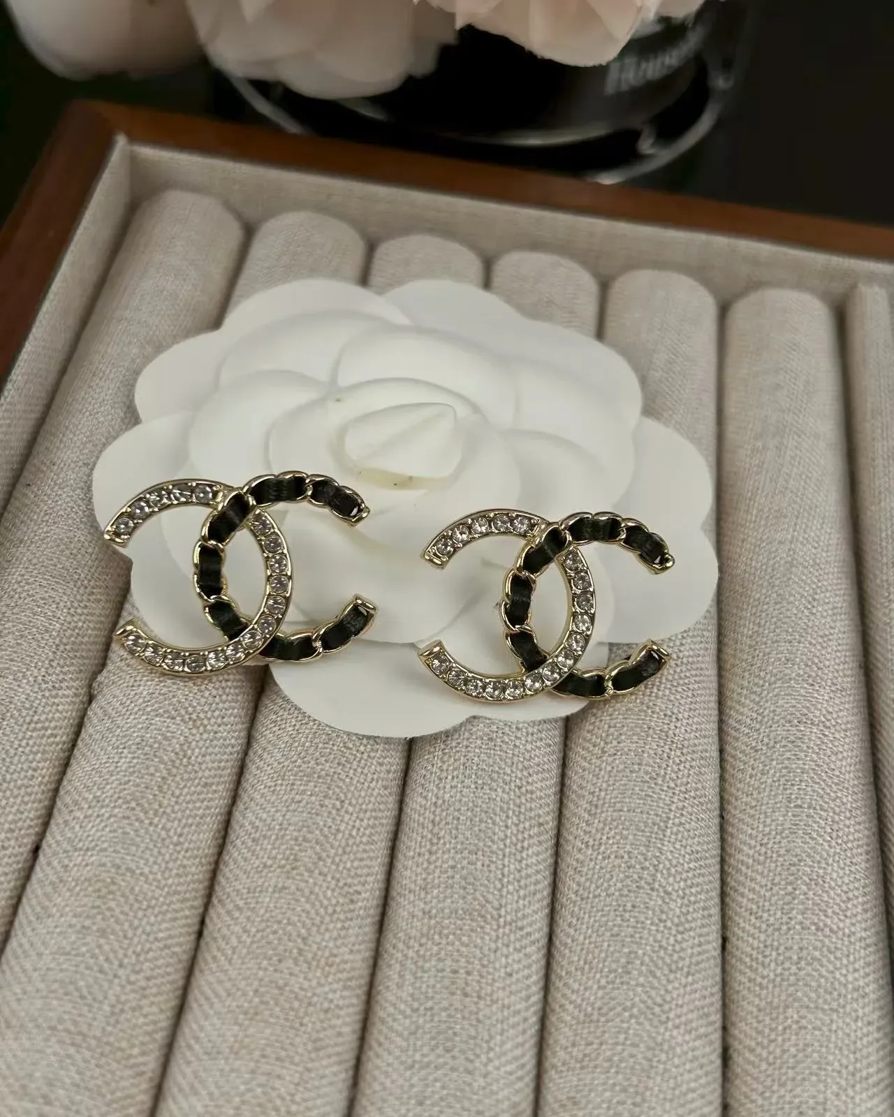 Chanel CC Gold Black Interlocking Logo Pavé Crystal Border Earrings 4
