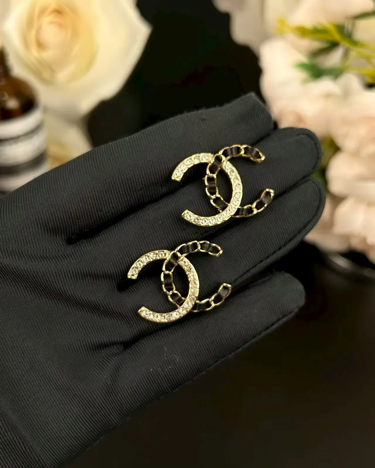 Chanel CC Gold Black Interlocking Logo Pavé Crystal Border Earrings 5