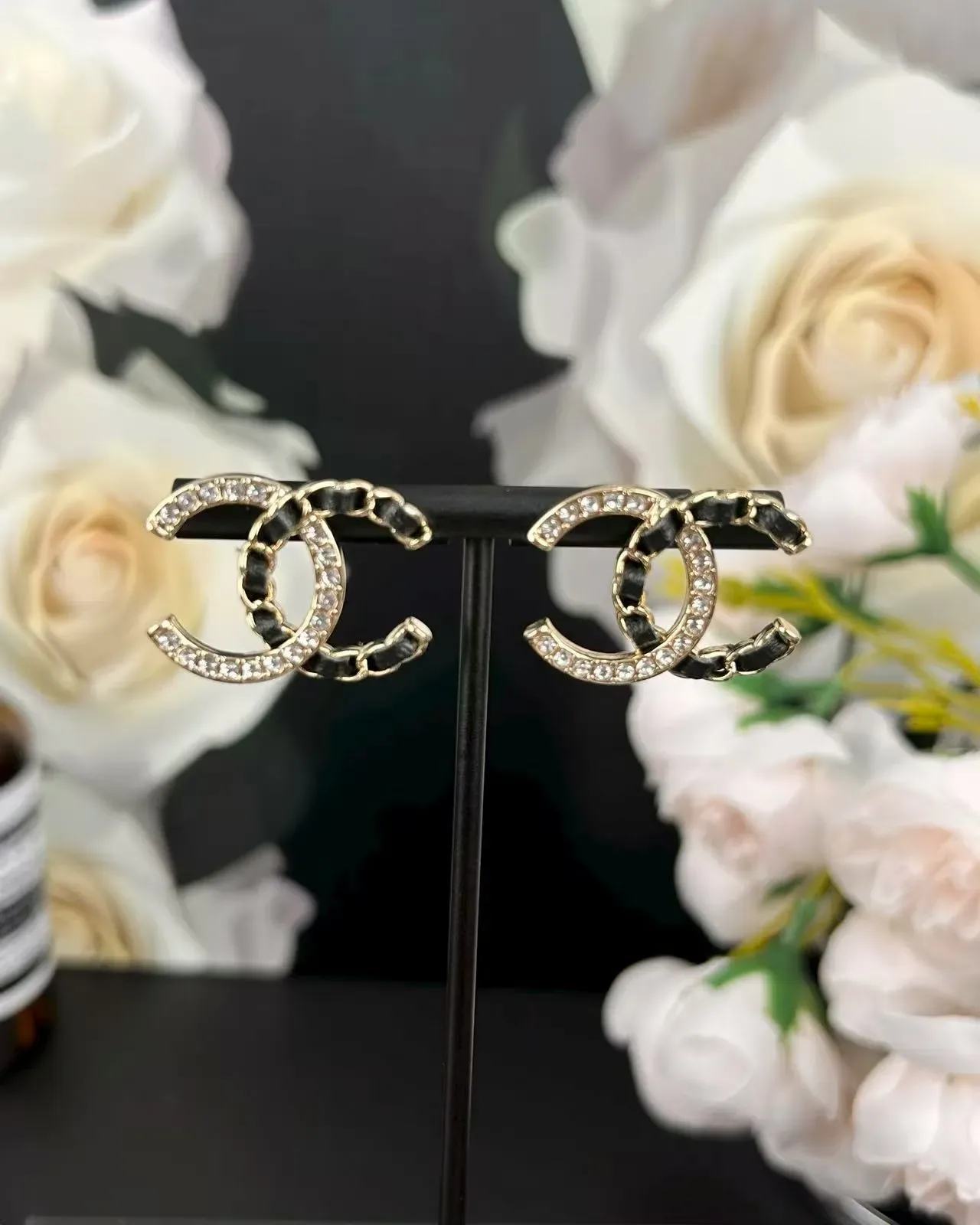 Chanel CC Gold Black Interlocking Logo Pavé Crystal Border Earrings 8